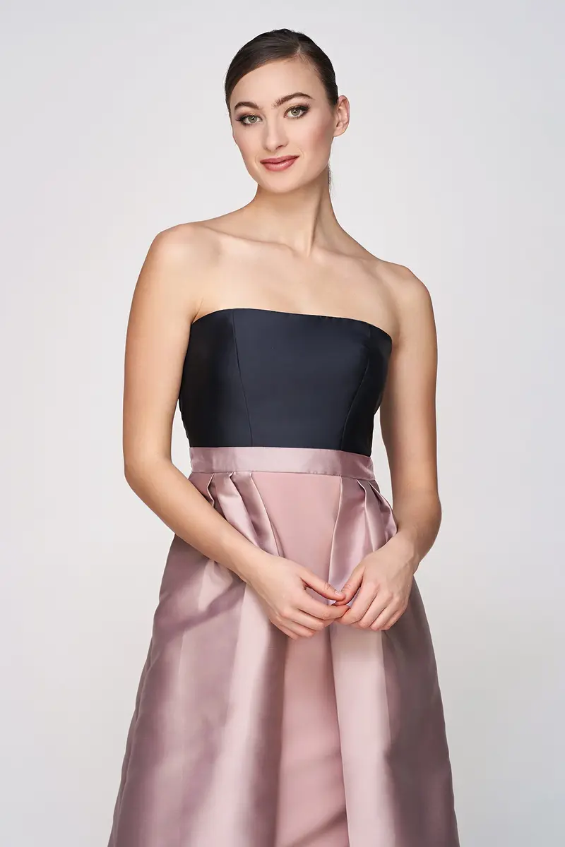Taffeta Color-Block Strapless Gown with Pleated Overskirt