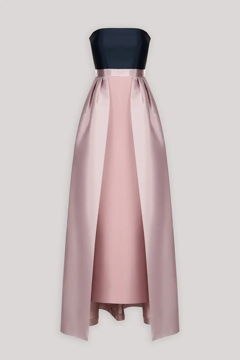 Taffeta Color-Block Strapless Gown with Pleated Overskirt