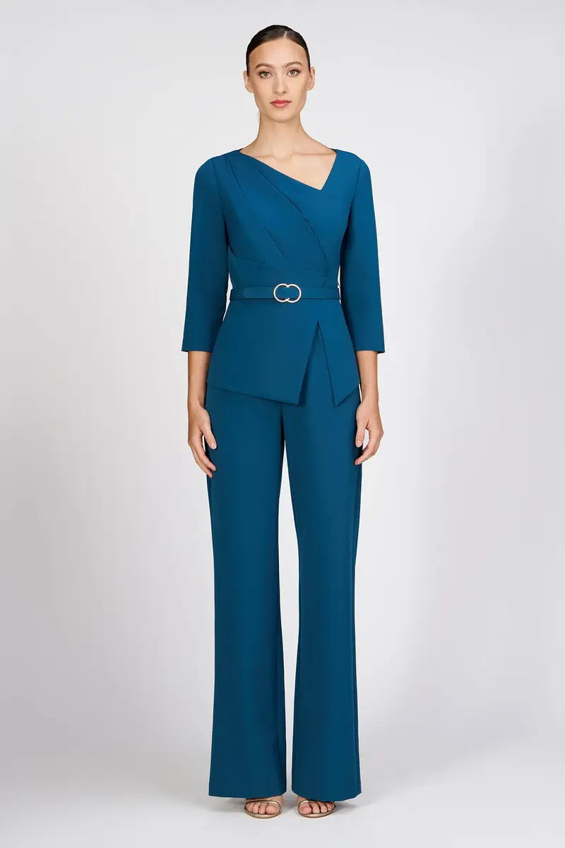 Tailored Asymmetrical Crepe Jumpsuit with Silver Buckle Accent