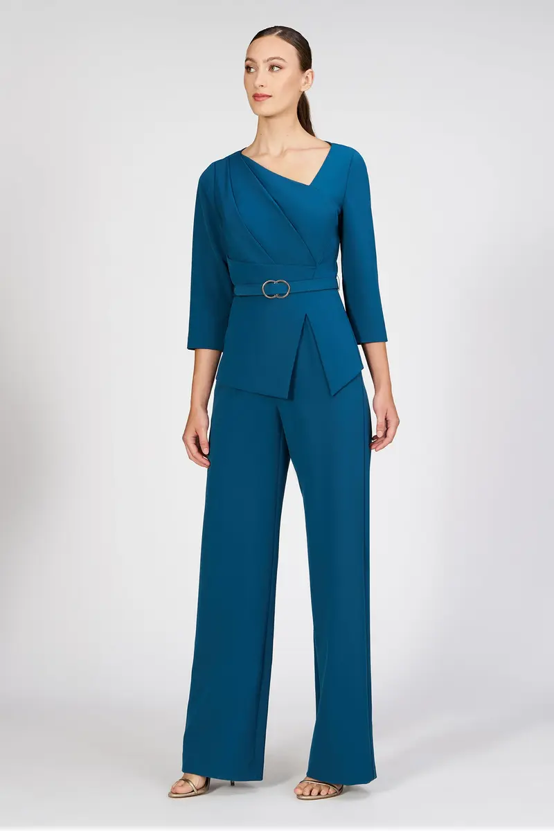 Tailored Asymmetrical Crepe Jumpsuit with Silver Buckle Accent