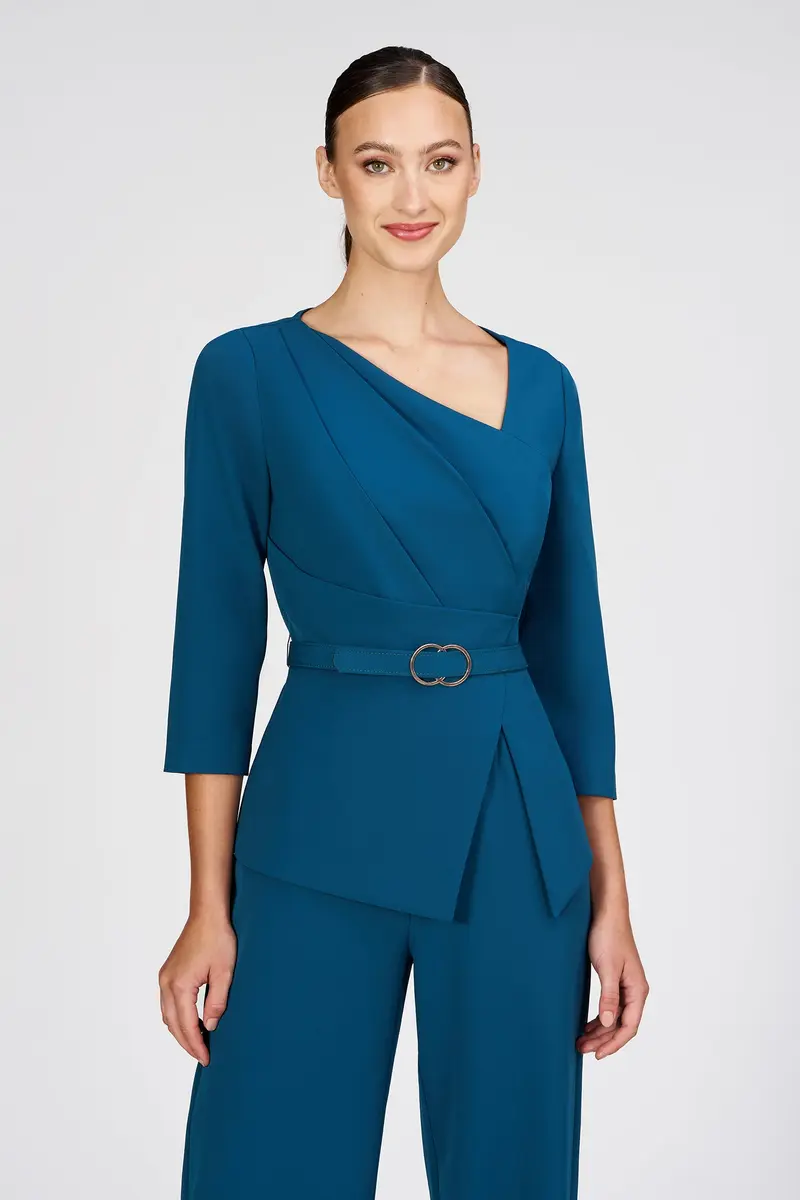 Tailored Asymmetrical Crepe Jumpsuit with Silver Buckle Accent