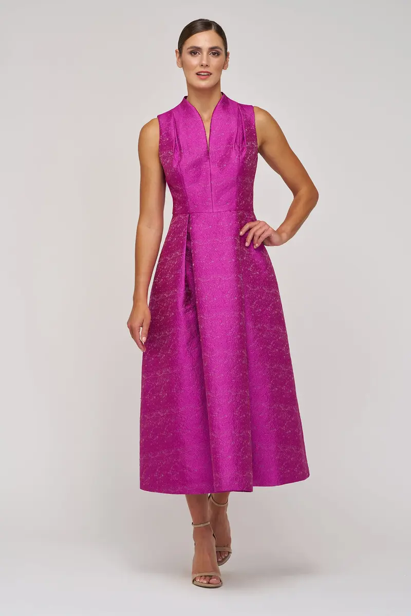 Textured Embroidered Jacquard Sleeveless Midi Dress