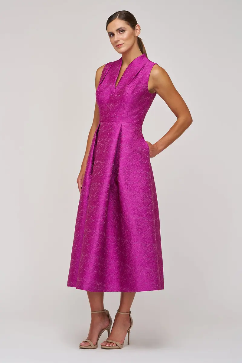 Textured Embroidered Jacquard Sleeveless Midi Dress