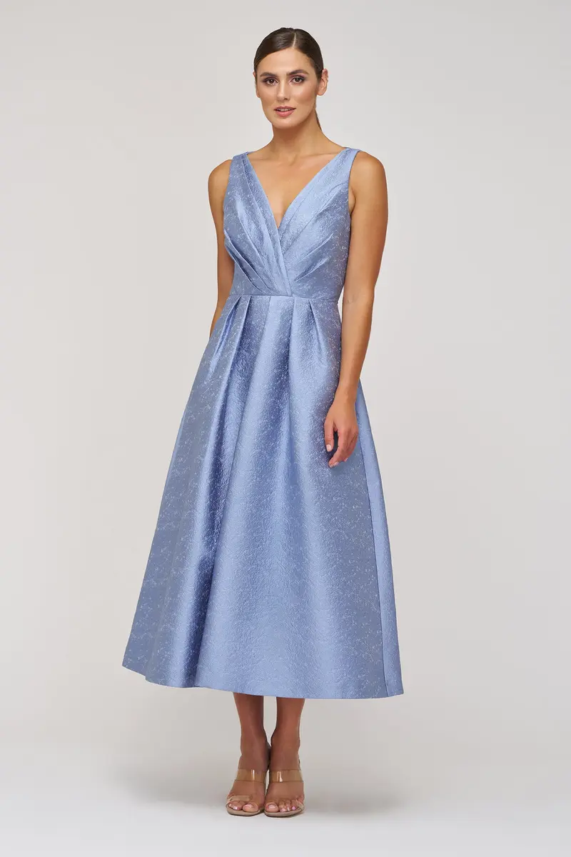 Textured Jacquard Tea-Length Dress with Pleated Surplice Bodice