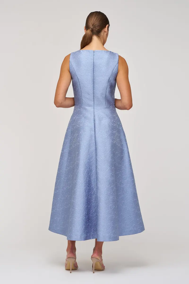 Textured Jacquard Tea-Length Dress with Pleated Surplice Bodice 2
