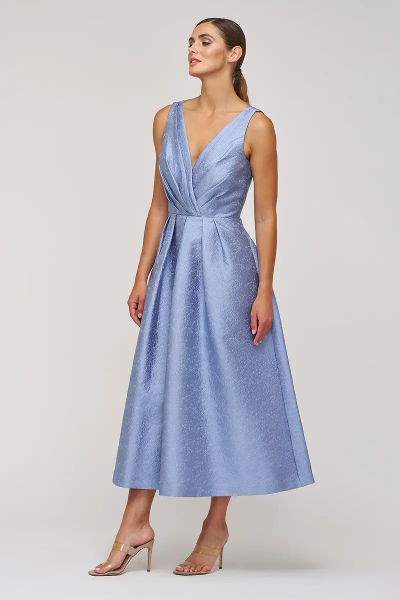 Textured Jacquard Tea-Length Dress with Pleated Surplice Bodice
