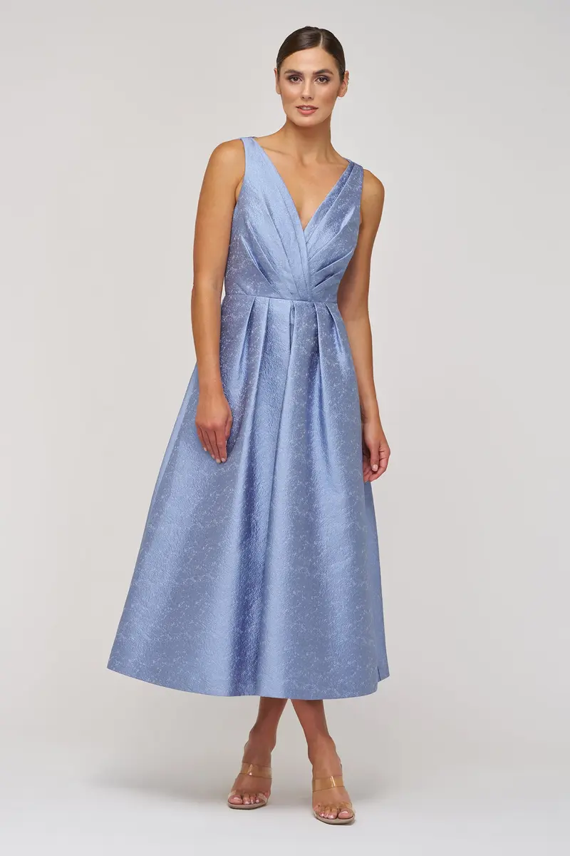 Textured Jacquard Tea-Length Dress with Pleated Surplice Bodice