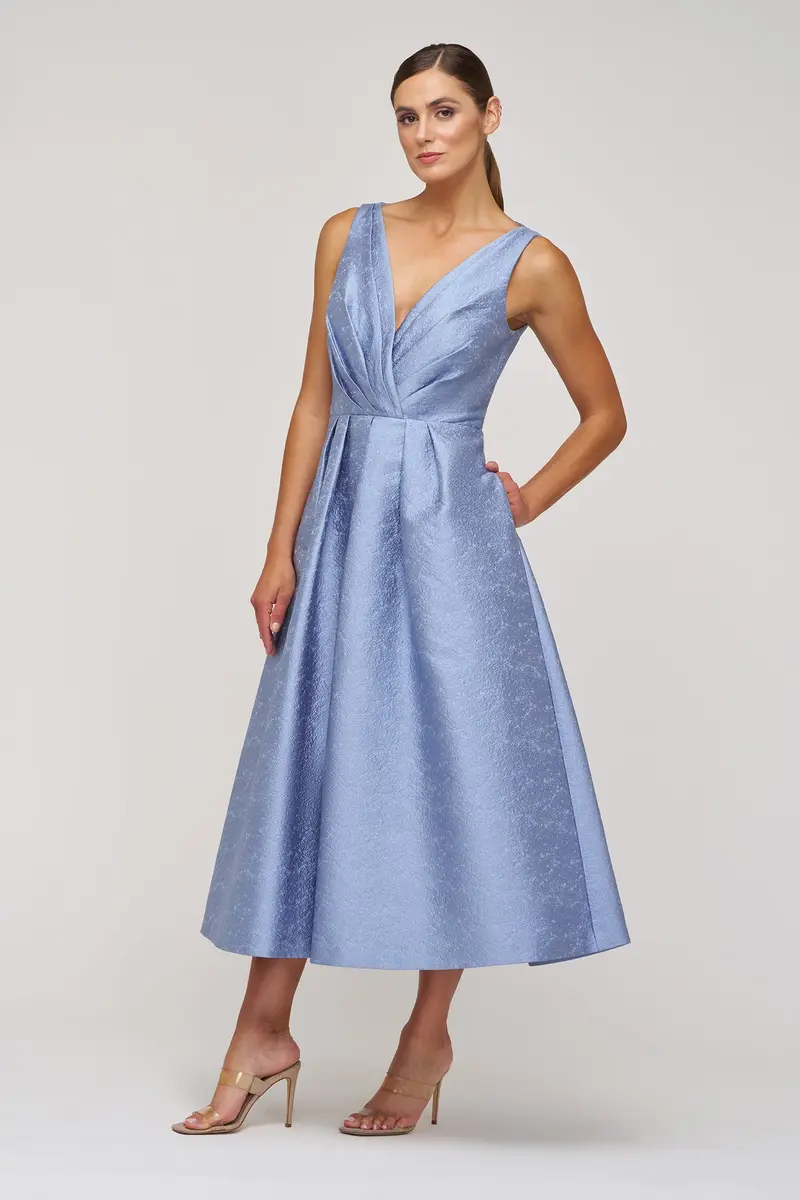 Textured Jacquard Tea-Length Dress with Pleated Surplice Bodice