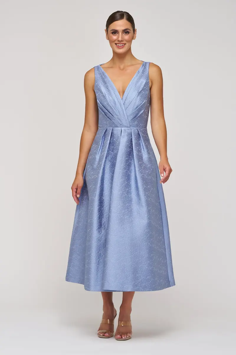 Textured Jacquard Tea-Length Dress with Pleated Surplice Bodice