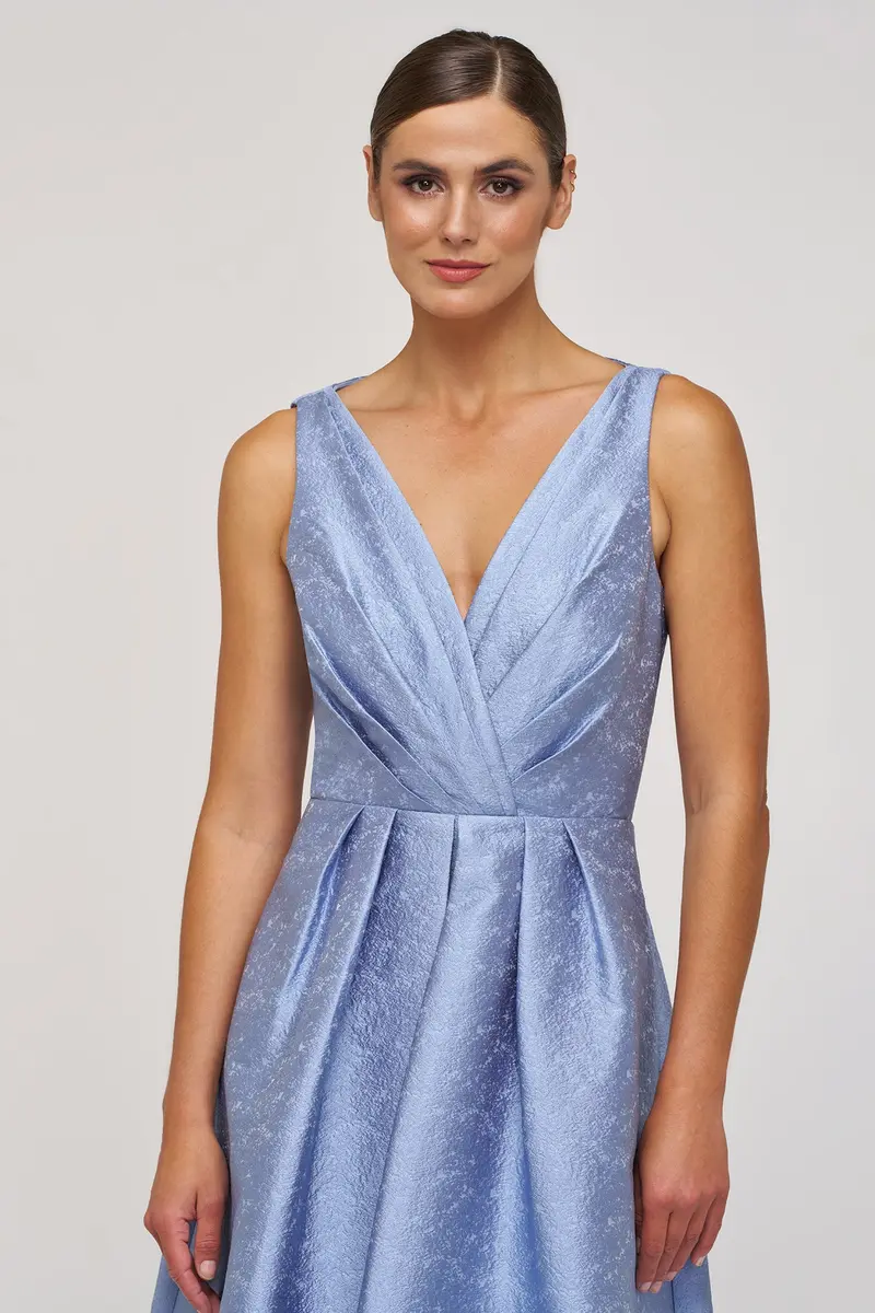 Textured Jacquard Tea-Length Dress with Pleated Surplice Bodice