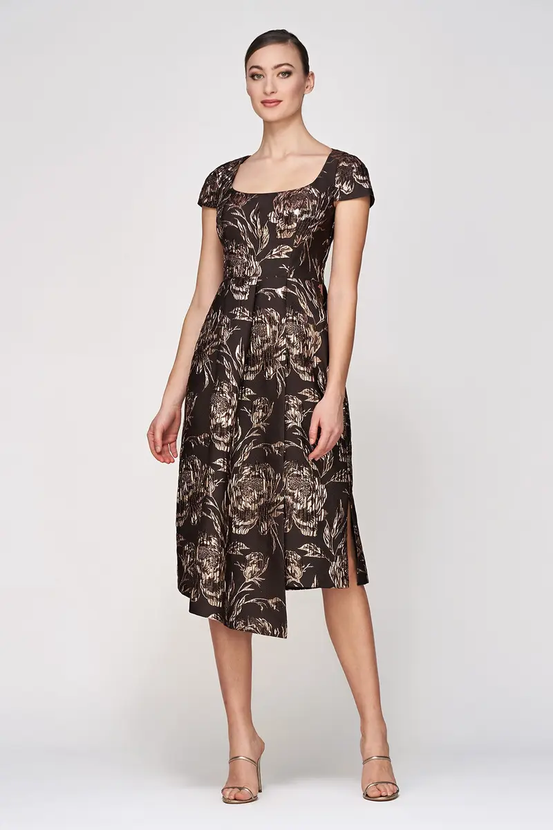 Textured Metallic Rose Jacquard Midi Dress