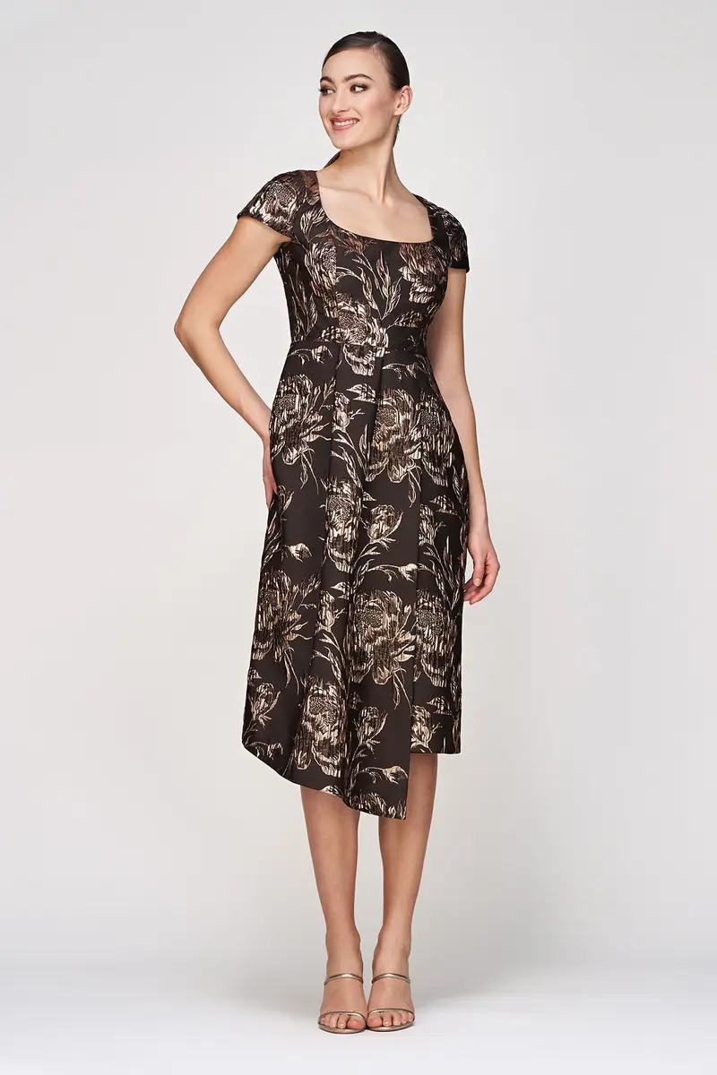 Textured Metallic Rose Jacquard Midi Dress