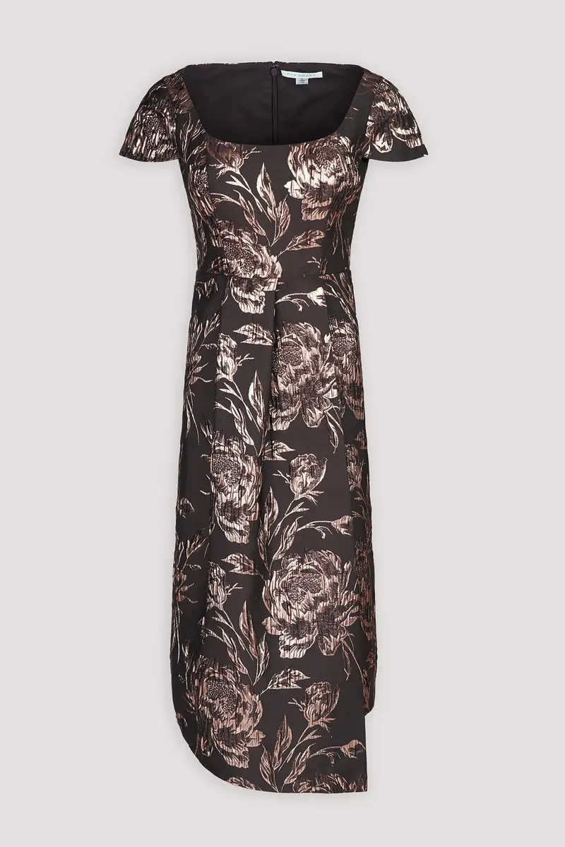 Textured Metallic Rose Jacquard Midi Dress