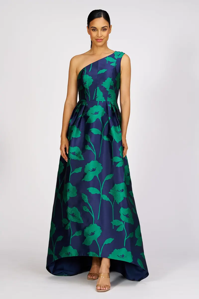 Tiara One-Shoulder High-Low Gown in Oversized Floral Jacquard