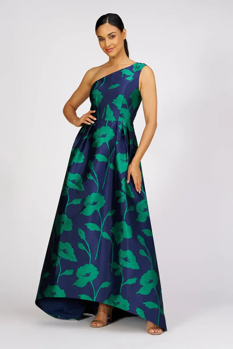 Tiara One-Shoulder High-Low Gown in Oversized Floral Jacquard