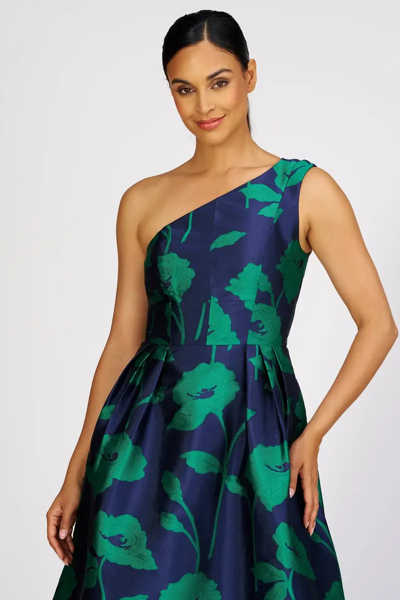 Tiara One-Shoulder High-Low Gown in Oversized Floral Jacquard