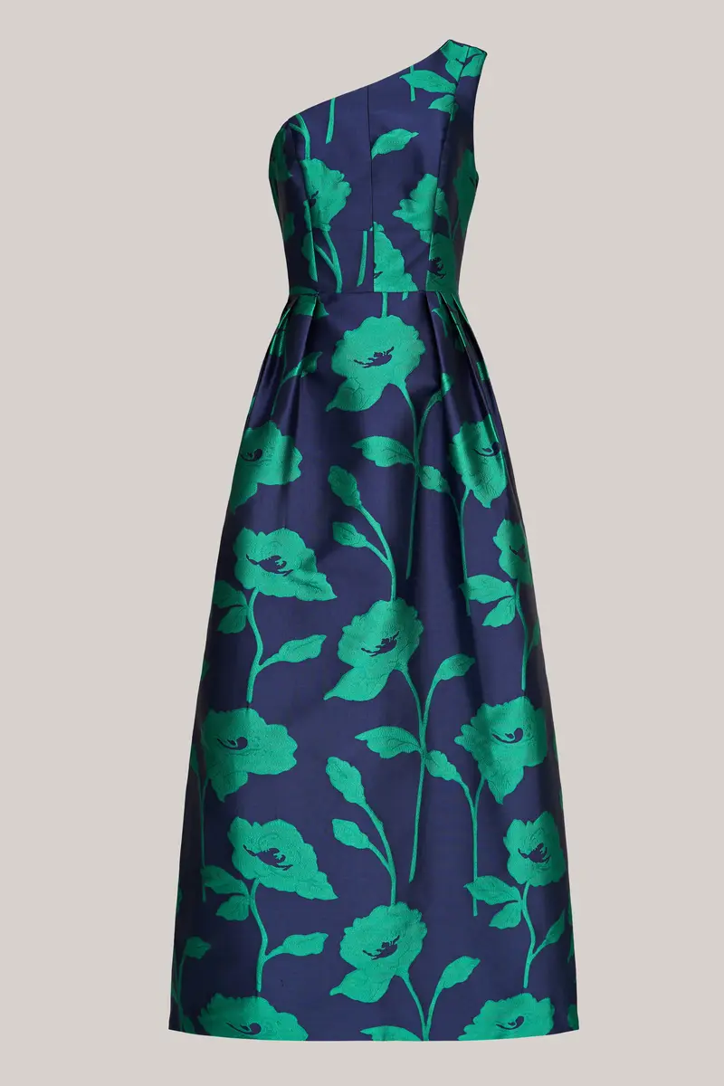Tiara One-Shoulder High-Low Gown in Oversized Floral Jacquard