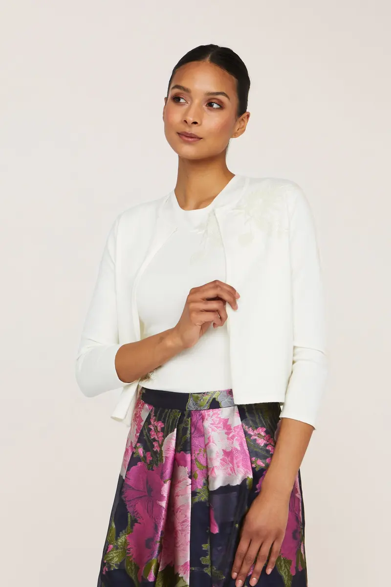 Tonal-Embellished Cropped Cardigan in Soft Knit – Three-Quarter Sleeve