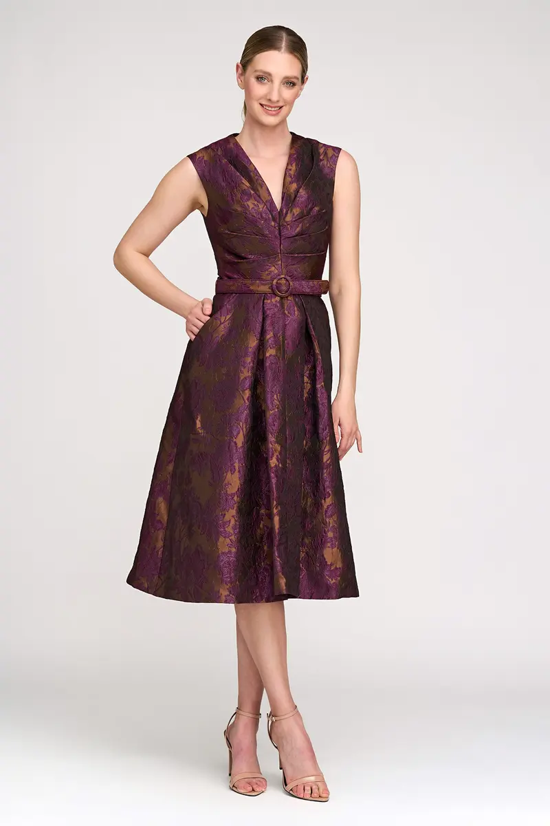 Two-Tone Floral Jacquard Midi Dress