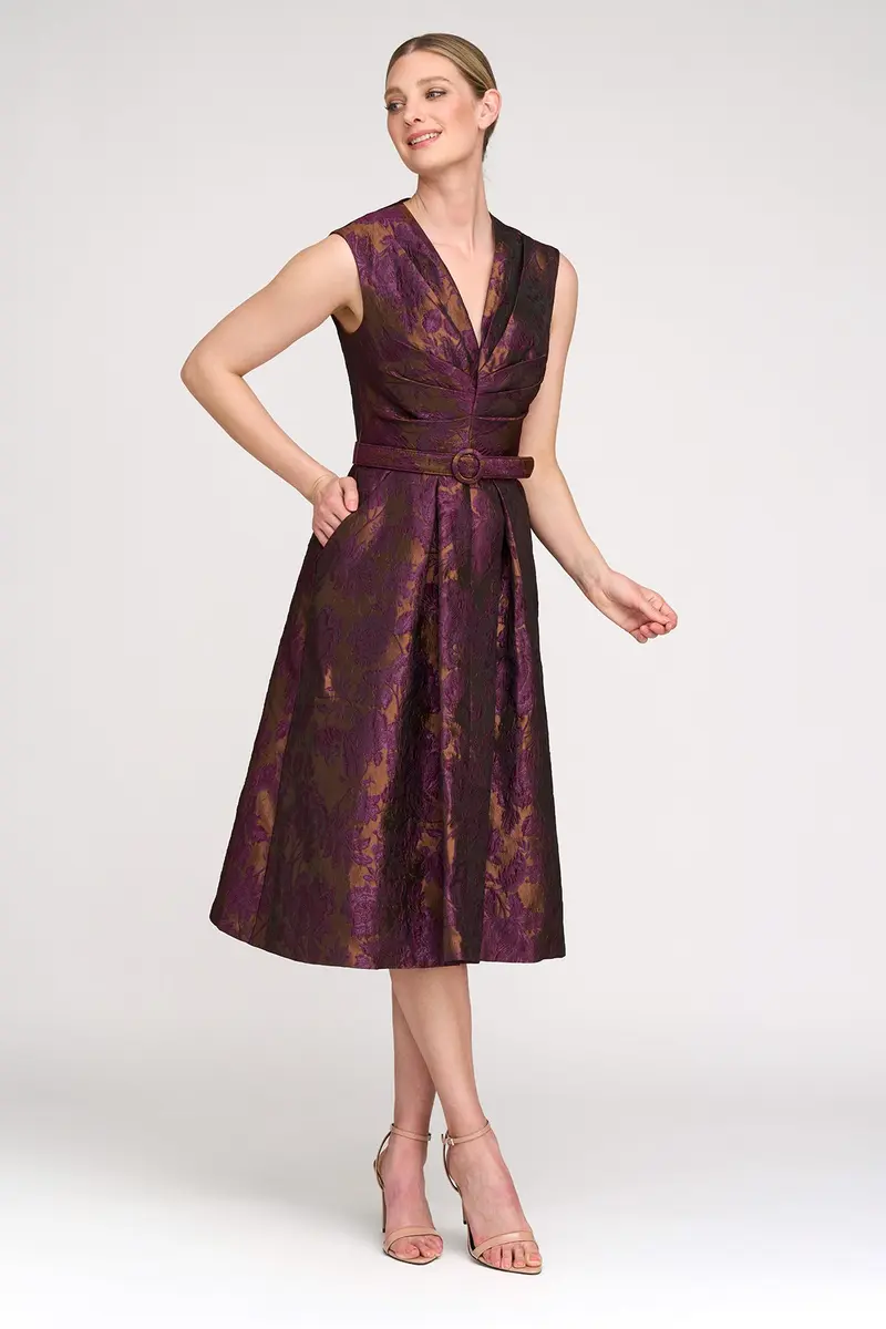 Two-Tone Floral Jacquard Midi Dress