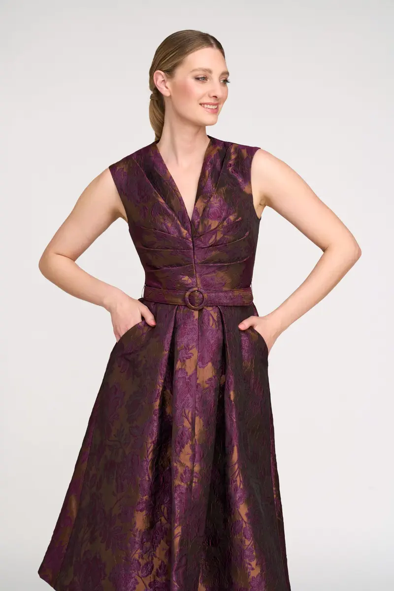 Two-Tone Floral Jacquard Midi Dress