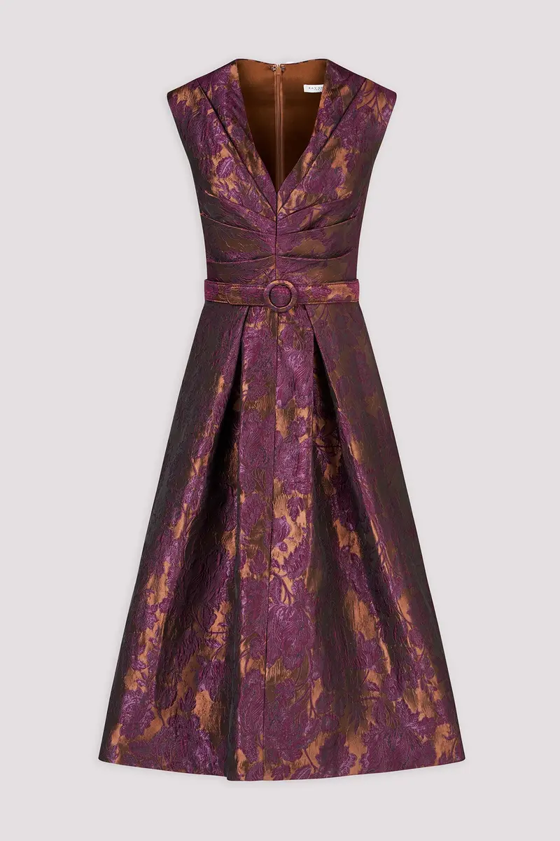 Two-Tone Floral Jacquard Midi Dress
