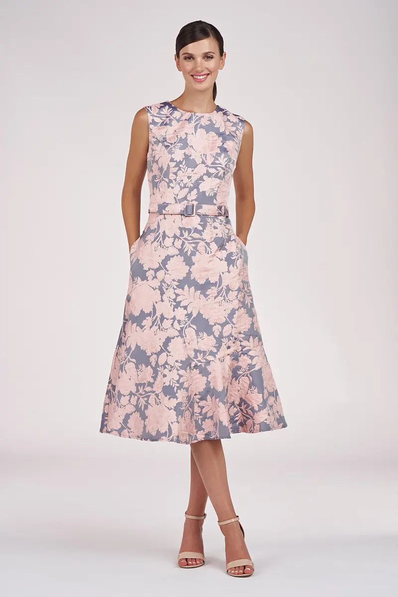 Two-Tone Floral Jacquard Midi Dress with Jewel Neckline
