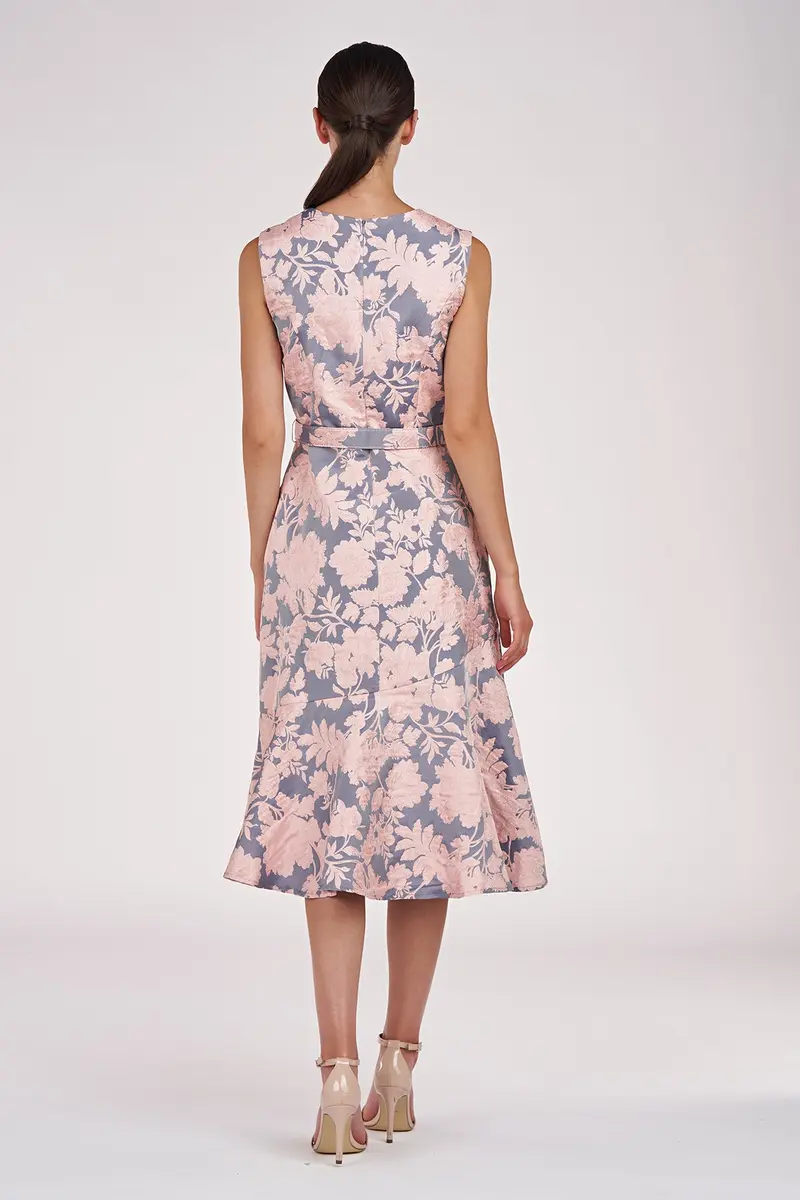 Two-Tone Floral Jacquard Midi Dress with Jewel Neckline
