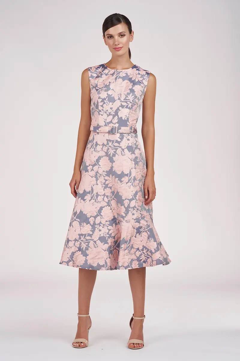 Two-Tone Floral Jacquard Midi Dress with Jewel Neckline
