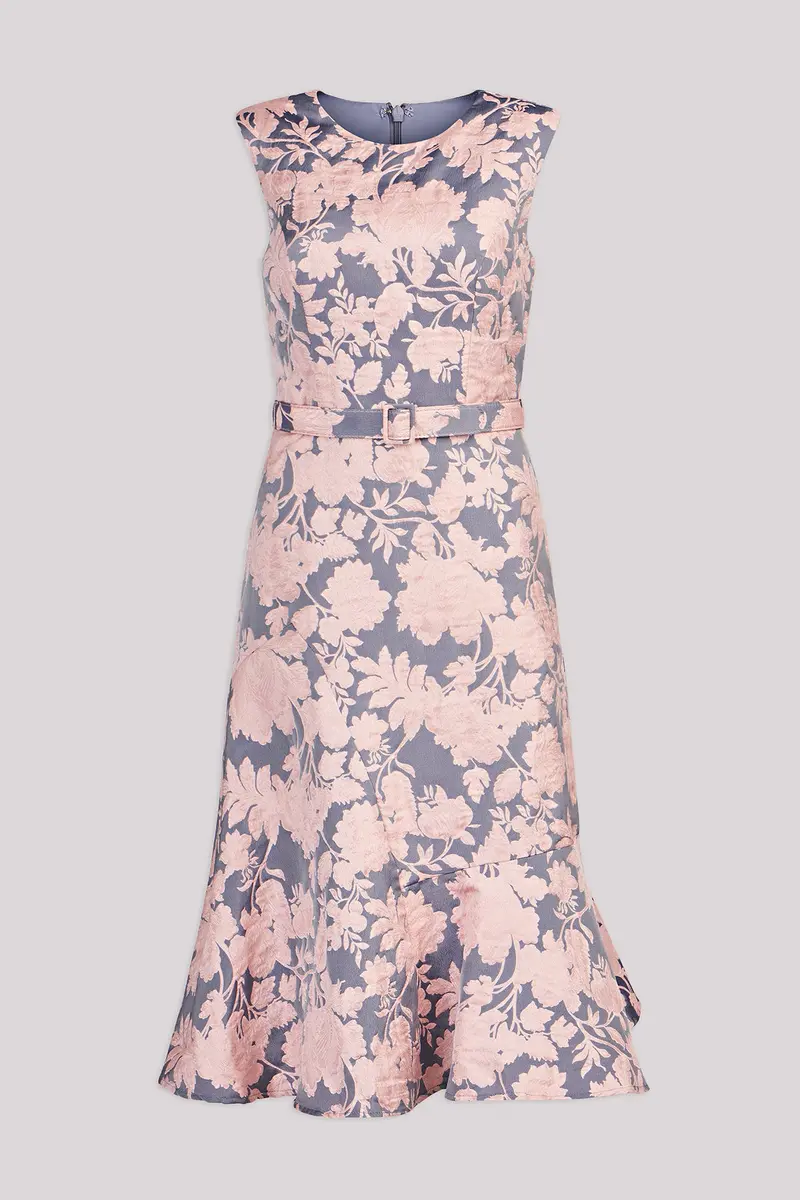 Two-Tone Floral Jacquard Midi Dress with Jewel Neckline