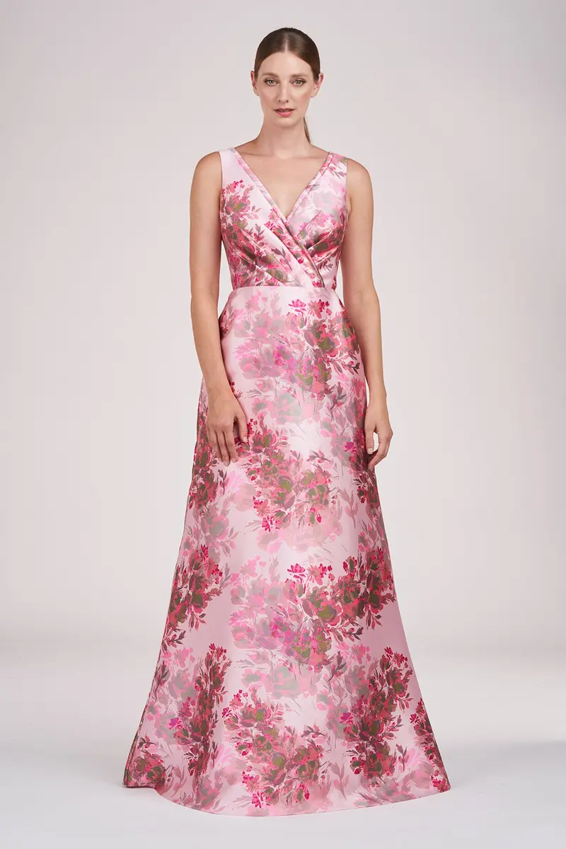 V-Neck Abstract Rose Mikado Ball Gown with Faux Surplice Detail