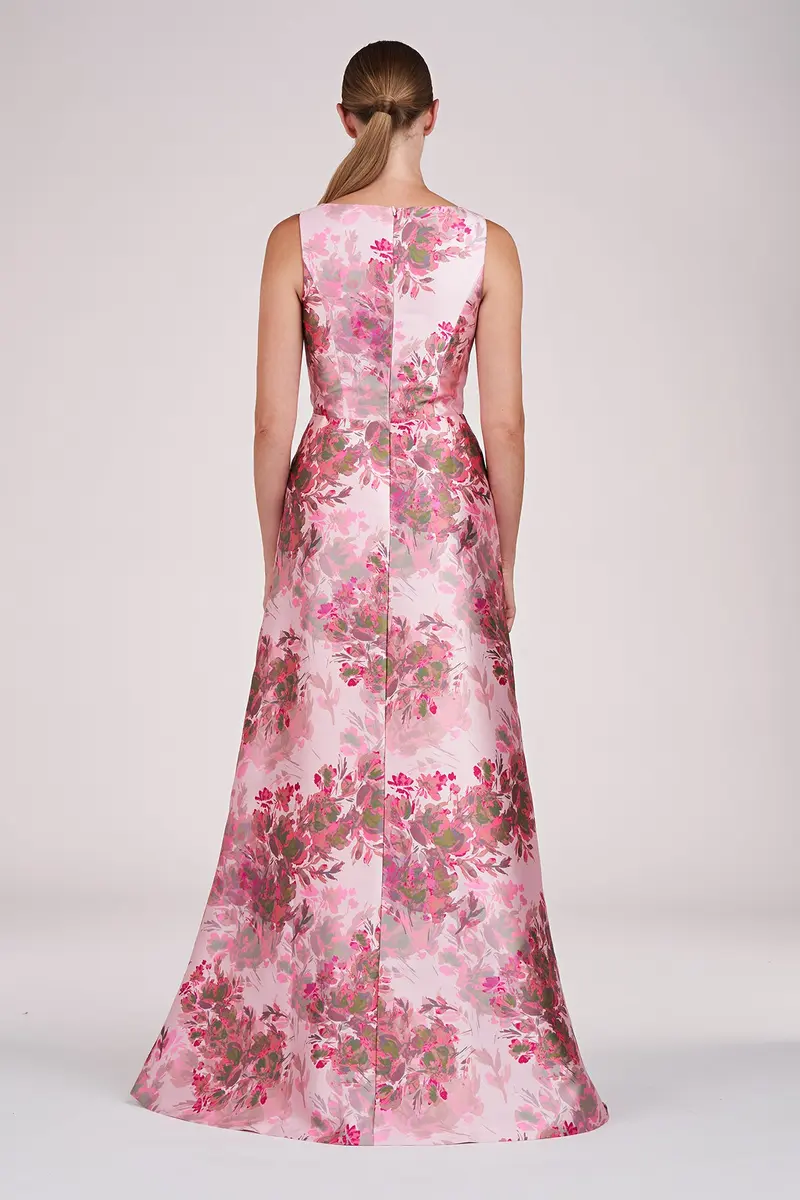 V-Neck Abstract Rose Mikado Ball Gown with Faux Surplice Detail