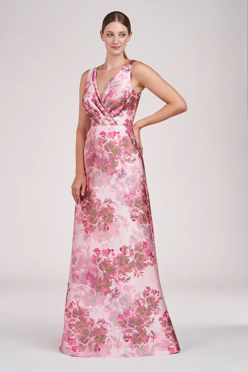 V-Neck Abstract Rose Mikado Ball Gown with Faux Surplice Detail