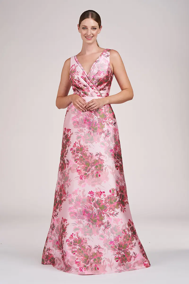 V-Neck Abstract Rose Mikado Ball Gown with Faux Surplice Detail