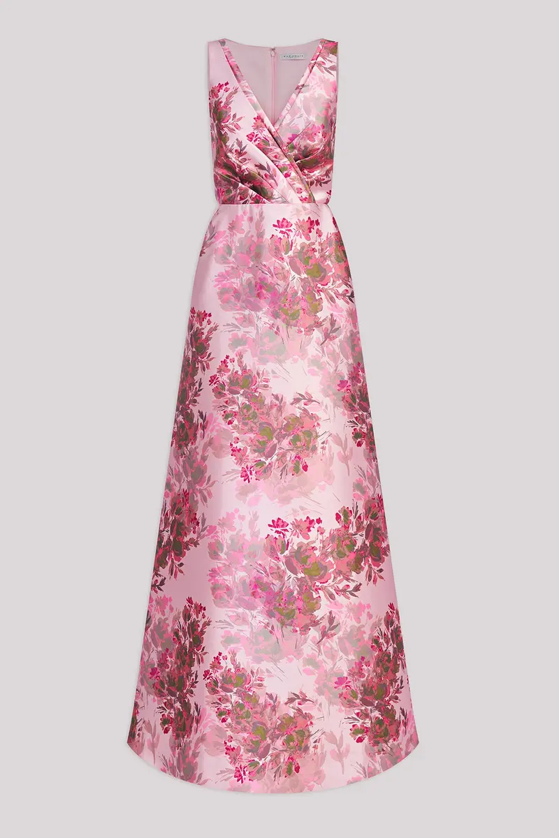 V-Neck Abstract Rose Mikado Ball Gown with Faux Surplice Detail
