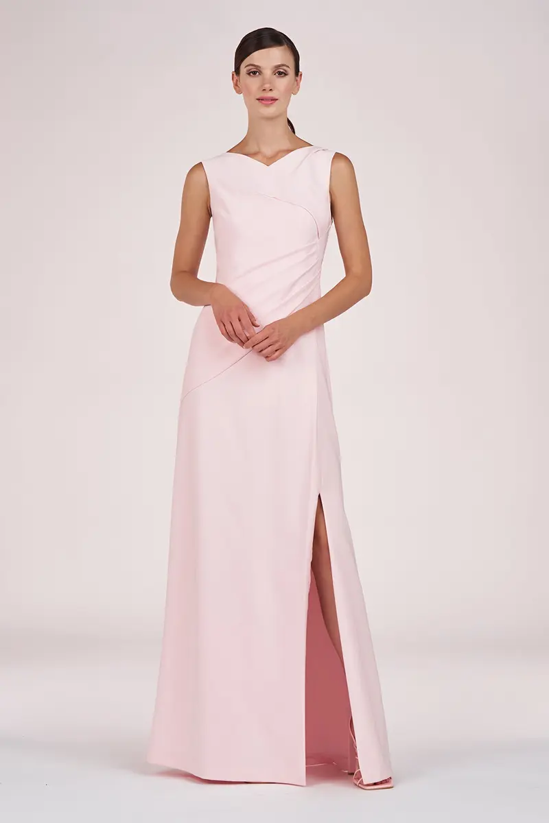 V-Neck Stretch Crepe Fit-and-Flare Gown