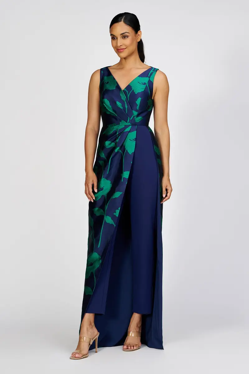 Valeria Two-Tone Floral Jacquard Jumpsuit with Asymmetric Overskirt
