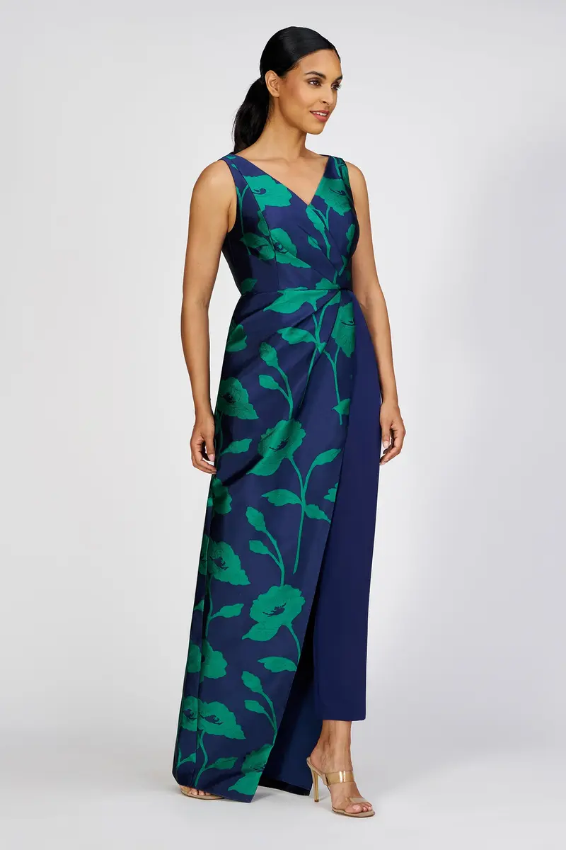 Valeria Two-Tone Floral Jacquard Jumpsuit with Asymmetric Overskirt