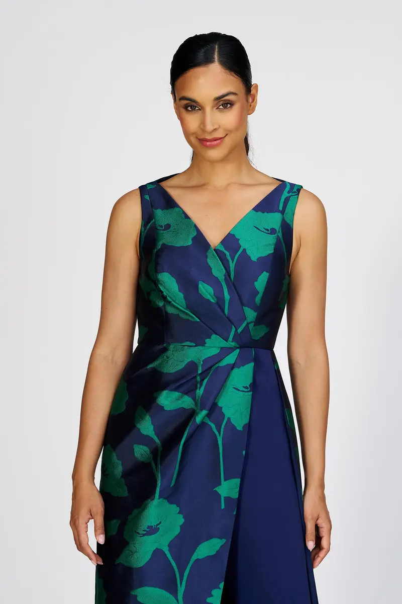 Valeria Two-Tone Floral Jacquard Jumpsuit with Asymmetric Overskirt