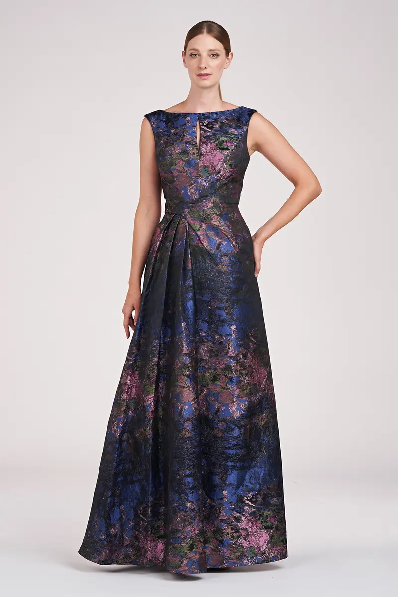Winona Monet Jacquard Gown with Keyhole Bateau Neck
