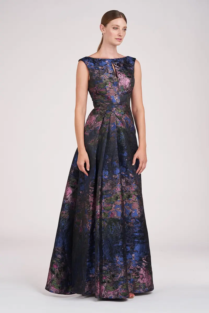 Winona Monet Jacquard Gown with Keyhole Bateau Neck