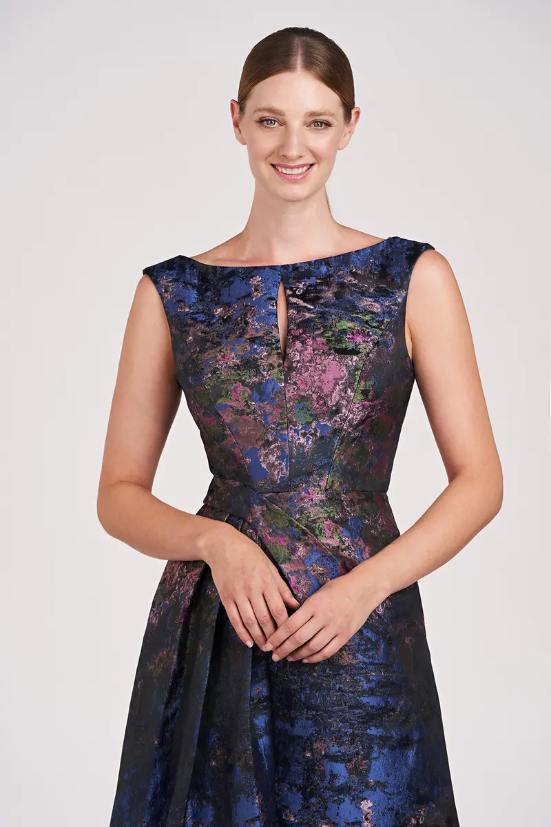 Winona Monet Jacquard Gown with Keyhole Bateau Neck